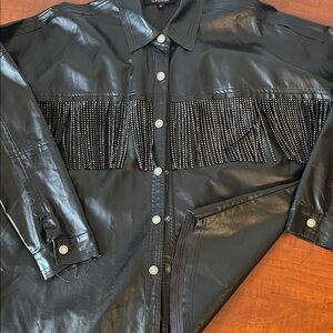 Olivaceous Black Rhinestone Fringe Metal Button Down Shirt Shacket